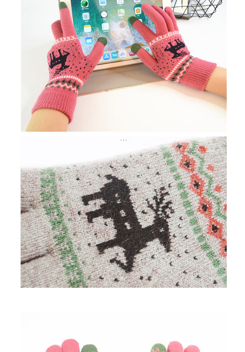 Fashion Rose Red Fawn Christmas Plus Velvet Touch Screen Knitted Woolen Gloves,Full Finger Gloves