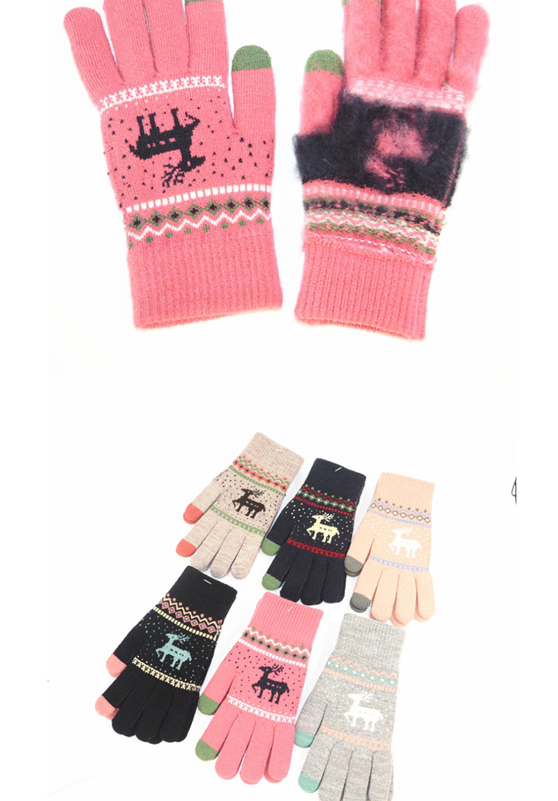 Fashion Pink Fawn Christmas Plus Velvet Touch Screen Knitted Woolen Gloves,Full Finger Gloves