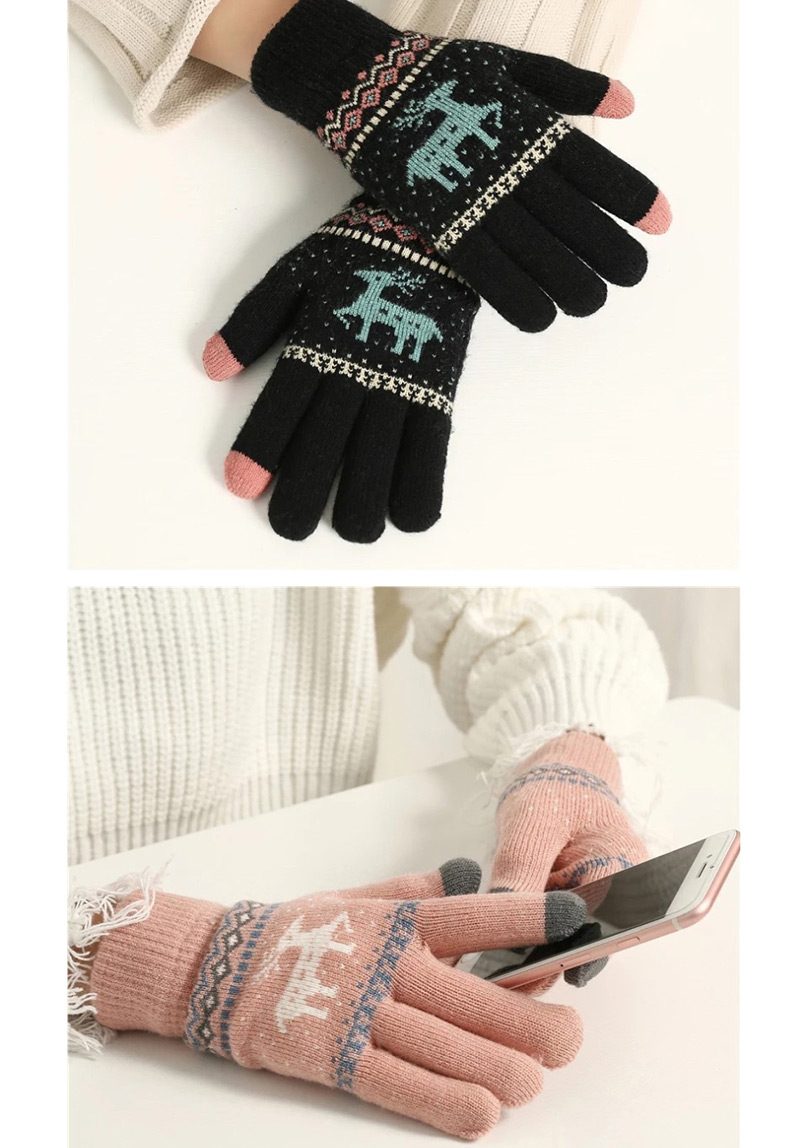 Fashion Khaki Fawn Christmas Plus Velvet Touch Screen Knitted Woolen Gloves,Full Finger Gloves