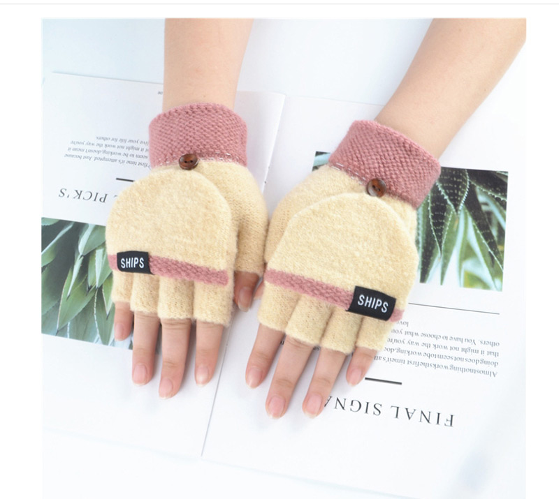 Fashion Pink Gray Plus Velvet Flip Letter Knit Half Finger Color Matching Gloves,Fingerless Gloves