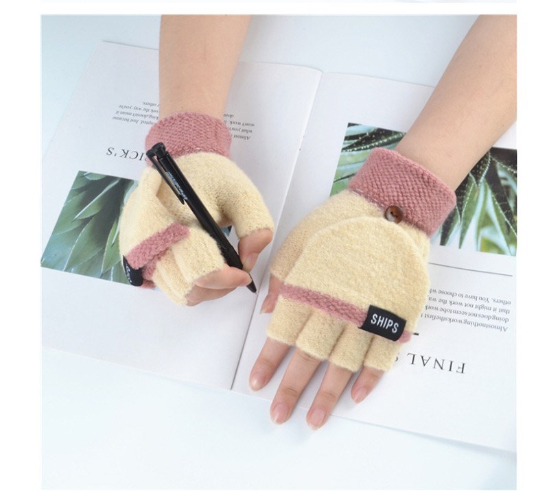 Fashion Brownish Green Plus Velvet Flip Letter Knit Half Finger Color Matching Gloves,Fingerless Gloves