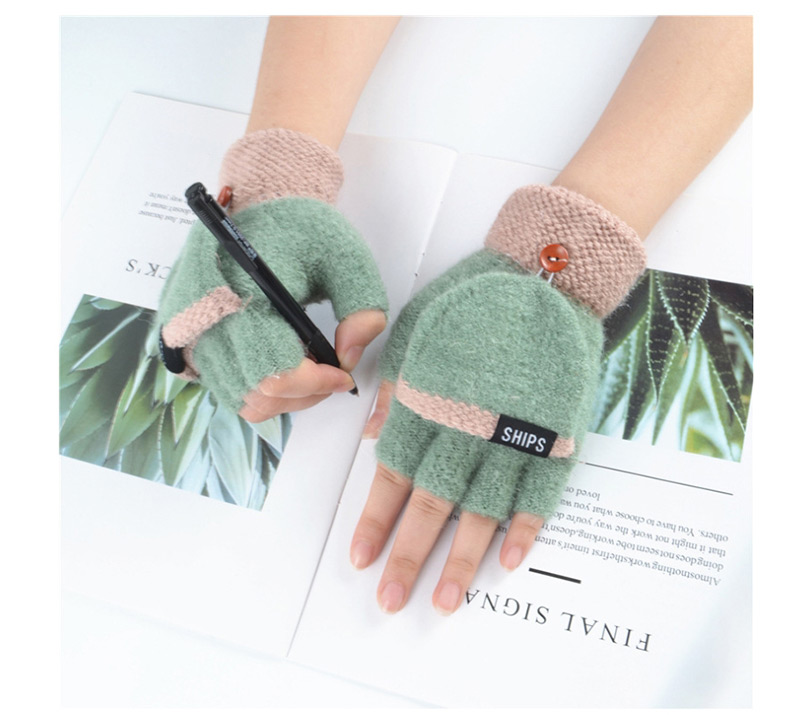 Fashion Green Purple Plus Velvet Flip Letter Knit Half Finger Color Matching Gloves,Fingerless Gloves