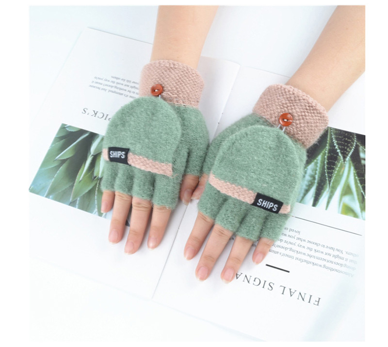 Fashion Brownish Green Plus Velvet Flip Letter Knit Half Finger Color Matching Gloves,Fingerless Gloves