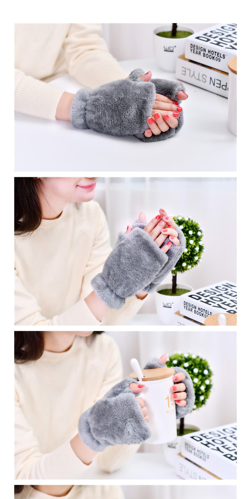 Fashion Pink Plush Thick Half-finger Finger-knit Gloves,Fingerless Gloves