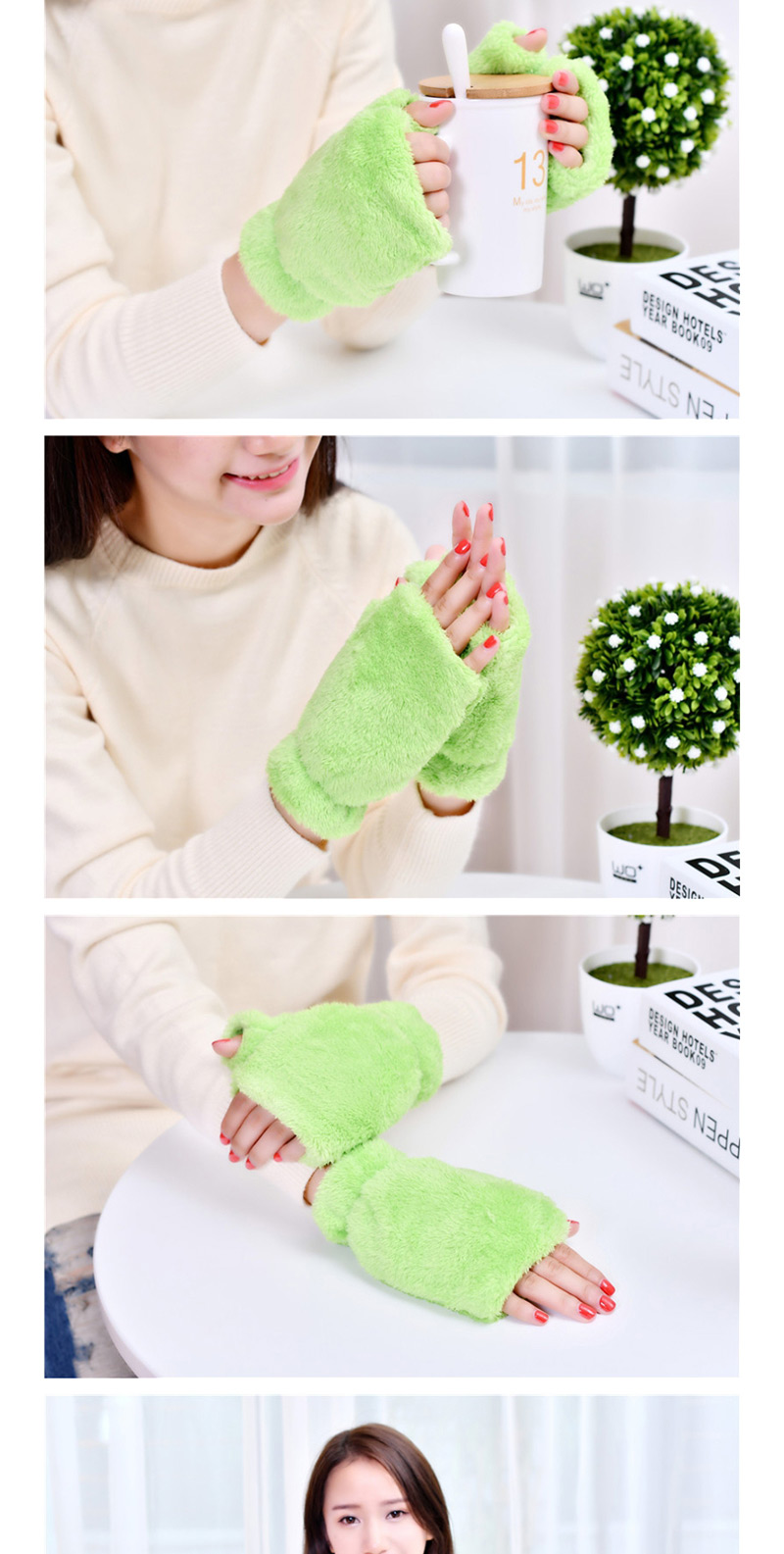 Fashion Beige Plush Thick Half-finger Finger-knit Gloves,Fingerless Gloves
