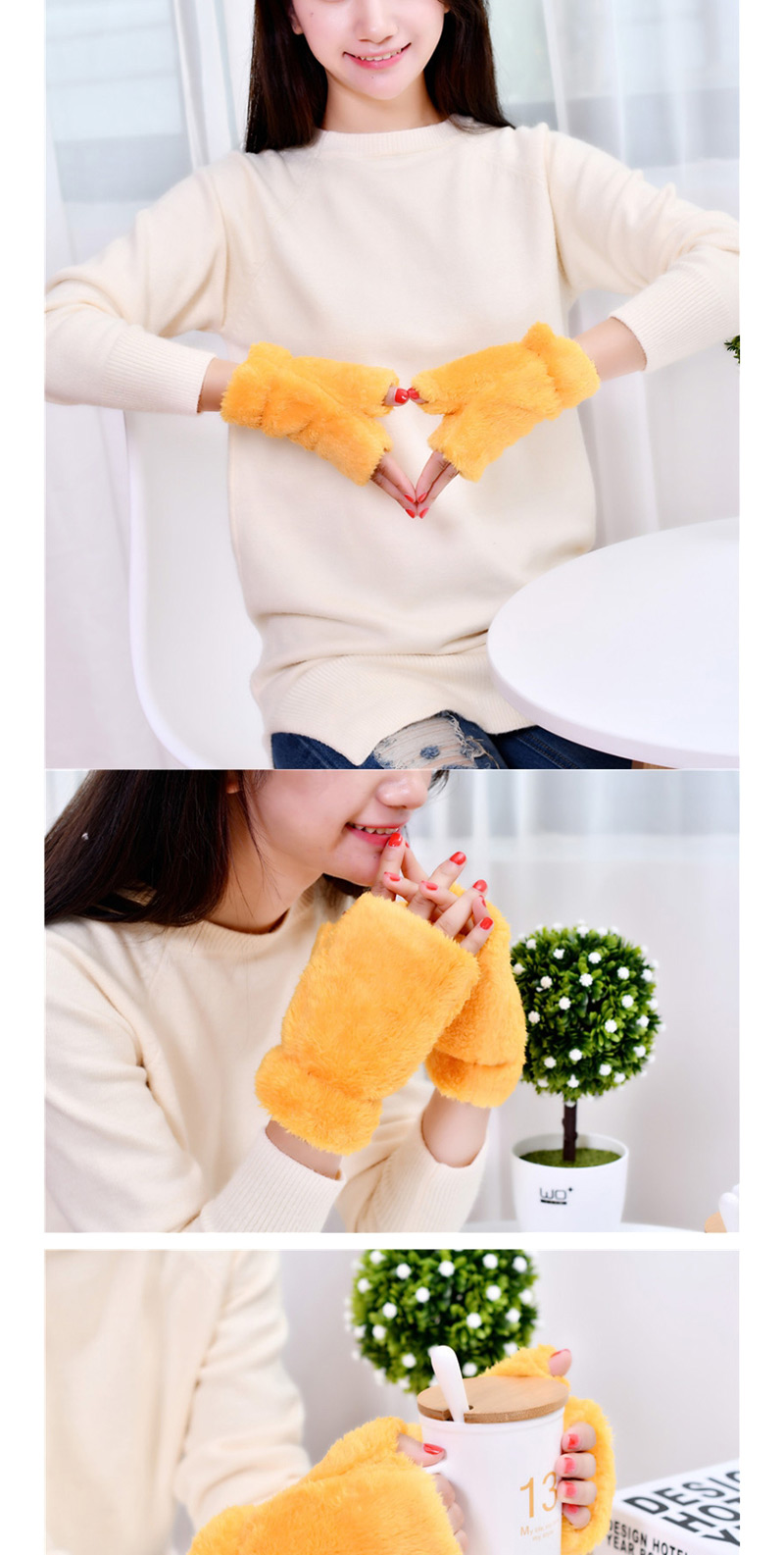 Fashion Beige Plush Thick Half-finger Finger-knit Gloves,Fingerless Gloves