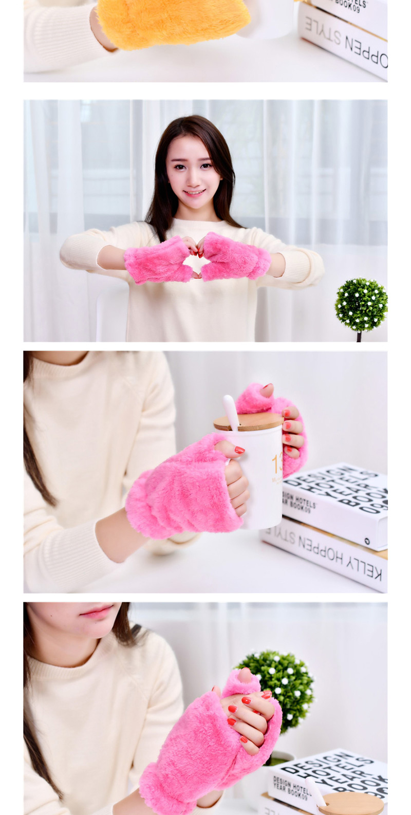 Fashion Yellow Plush Thick Half-finger Finger-knit Gloves,Fingerless Gloves