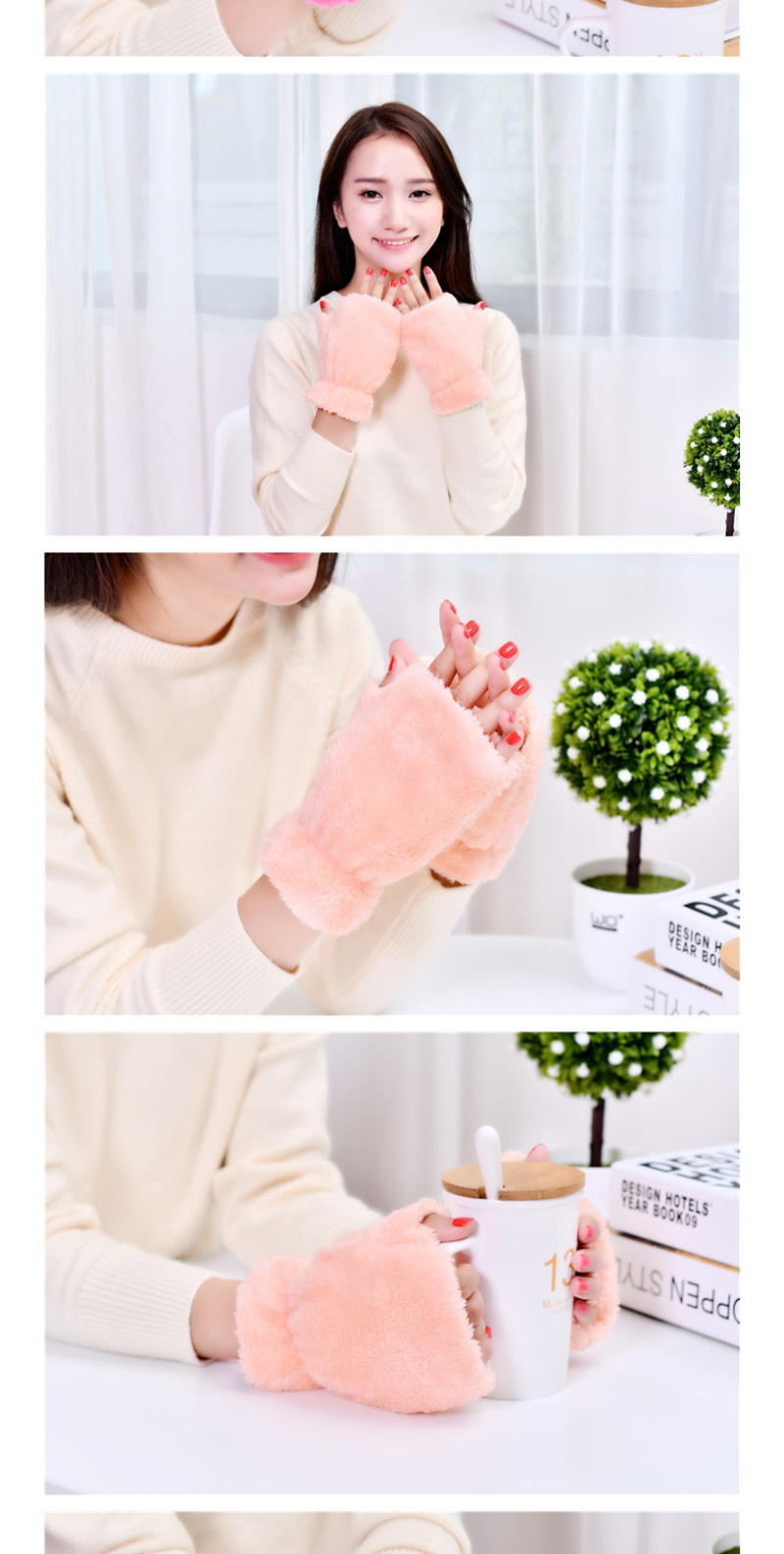 Fashion Red Plush Thick Half-finger Finger-knit Gloves,Fingerless Gloves