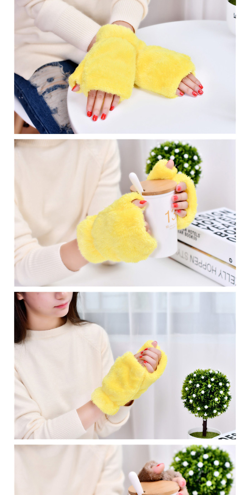 Fashion Dark Yellow Plush Thick Half-finger Finger-knit Gloves,Fingerless Gloves