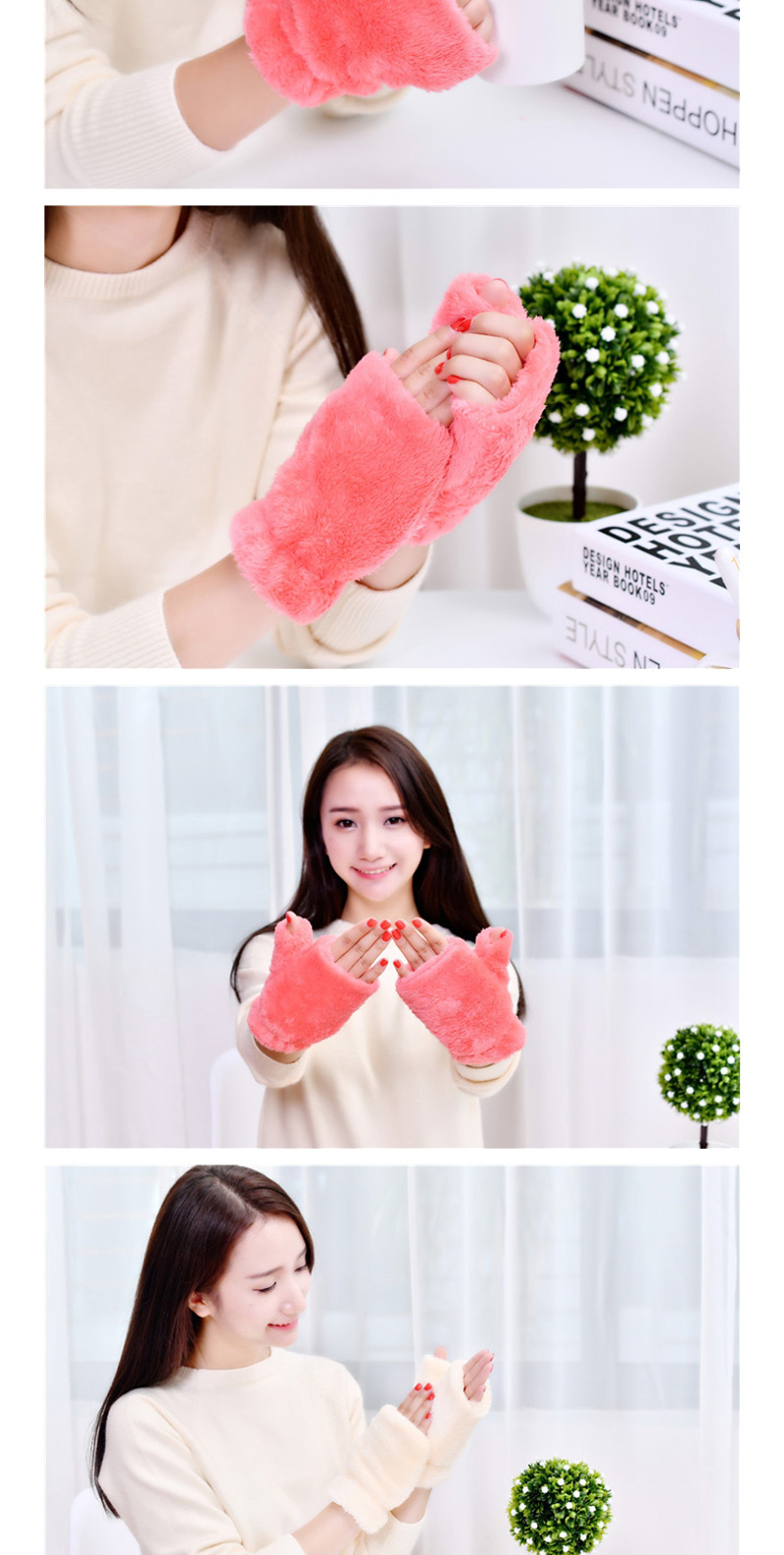 Fashion Orange Pink Plush Thick Half-finger Finger-knit Gloves,Fingerless Gloves
