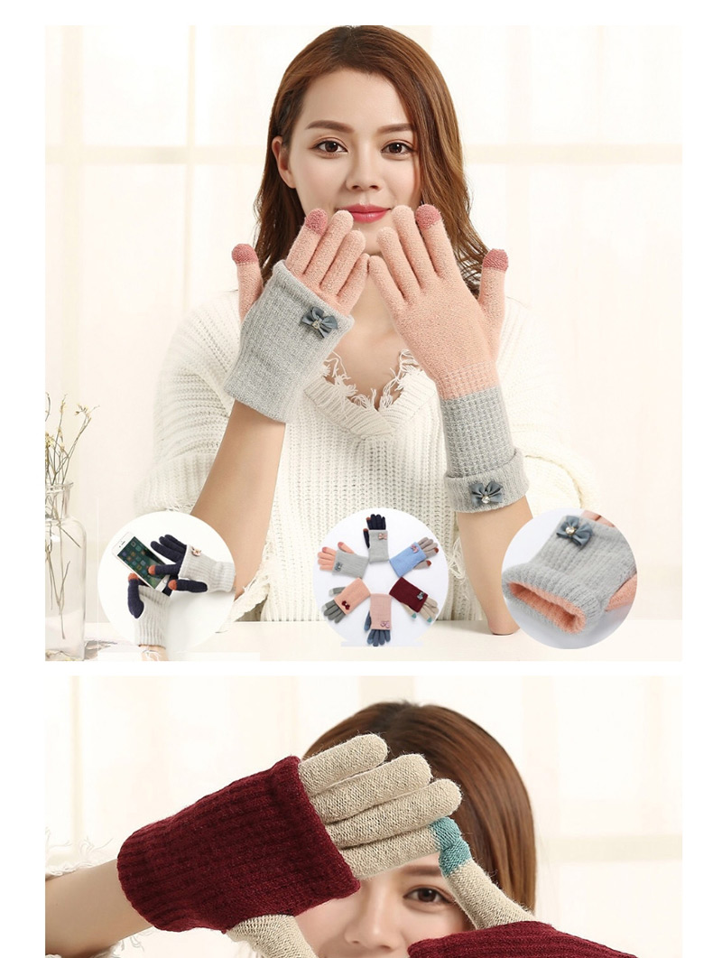 Fashion Wine Red + Beige Touch Screen Knit Wool Bow Double Layer Color Matching Gloves,Full Finger Gloves
