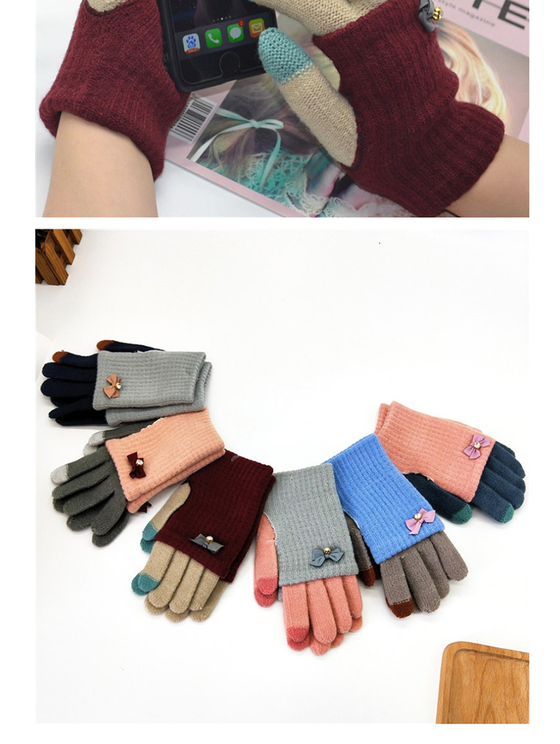 Fashion Sky Blue + Medium Gray Touch Screen Knit Wool Bow Double Layer Color Matching Gloves,Full Finger Gloves