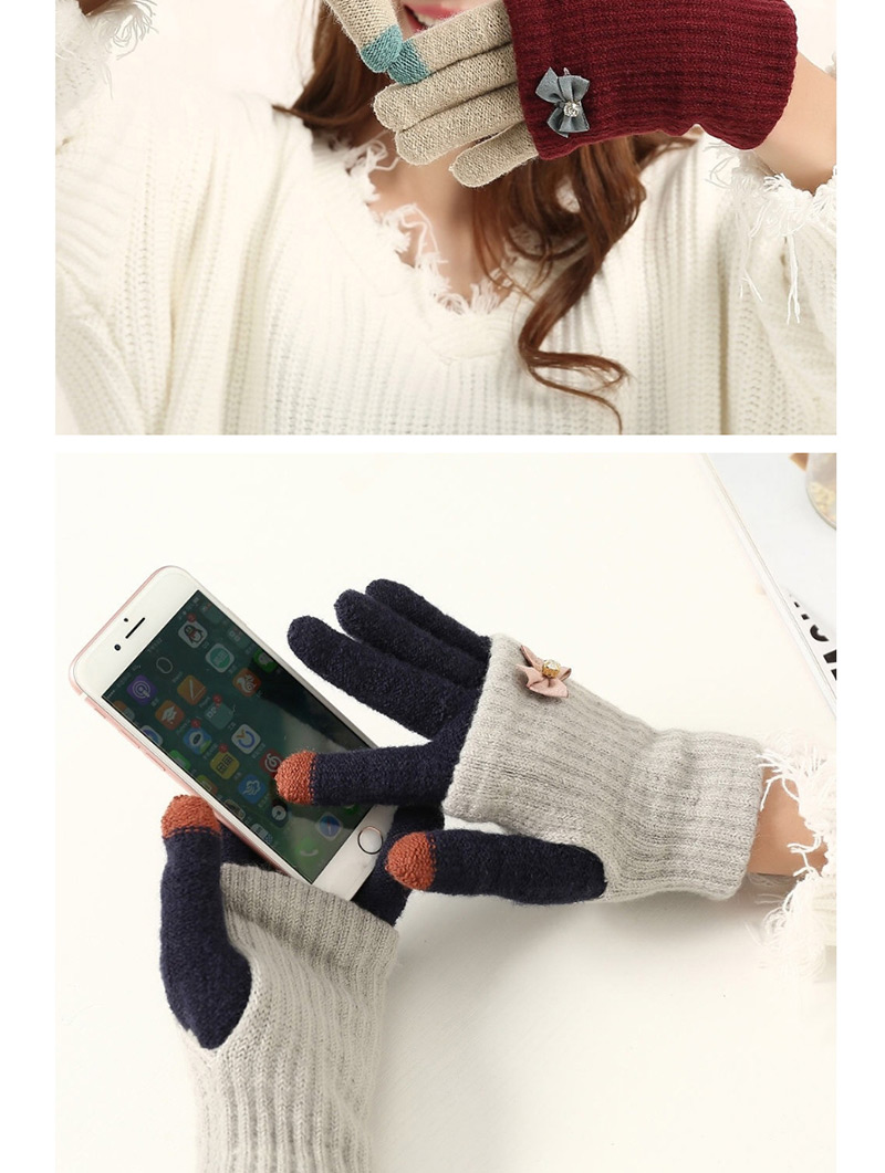 Fashion Wine Red + Beige Touch Screen Knit Wool Bow Double Layer Color Matching Gloves,Full Finger Gloves