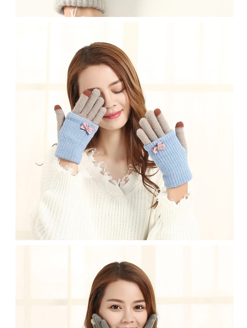 Fashion Orange Pink + Dark Gray Touch Screen Knit Wool Bow Double Layer Color Matching Gloves,Full Finger Gloves