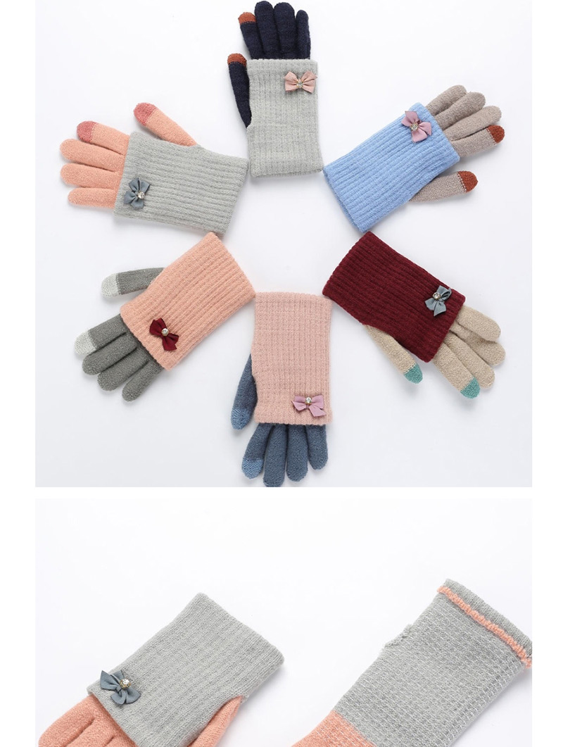 Fashion Light Gray + Orange Pink Touch Screen Knit Wool Bow Double Layer Color Matching Gloves,Full Finger Gloves