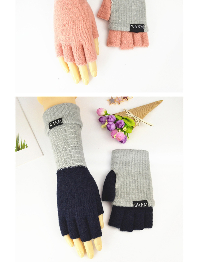 Fashion Light Gray + Orange Pink Knitted Wool Letter Double Color Matching Mitt,Fingerless Gloves