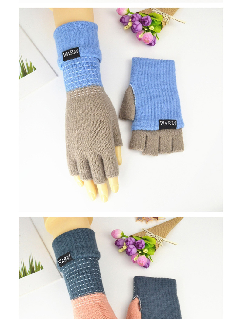 Fashion Light Gray + Cyan Knitted Wool Letter Double Color Matching Mitt,Fingerless Gloves