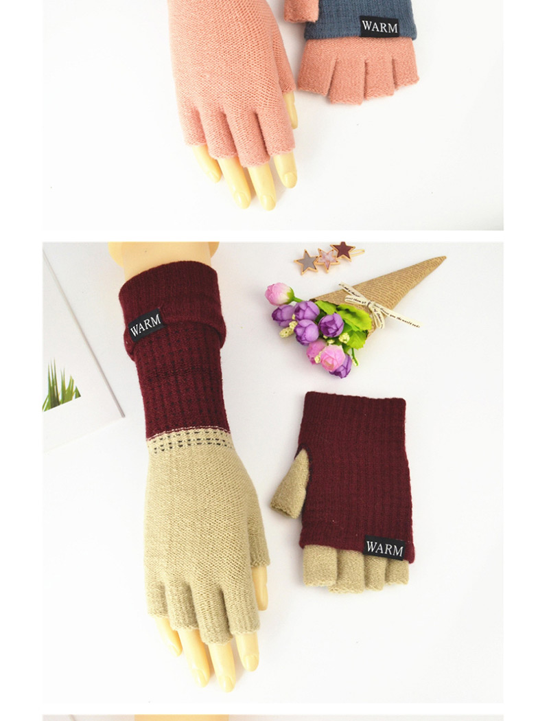Fashion Wine Red + Beige Knitted Wool Letter Double Color Matching Mitt,Fingerless Gloves