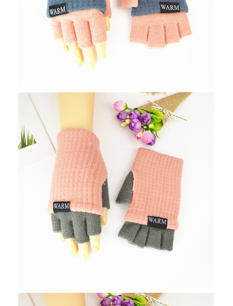 Fashion Sky Blue + Medium Gray Knitted Wool Letter Double Color Matching Mitt,Fingerless Gloves