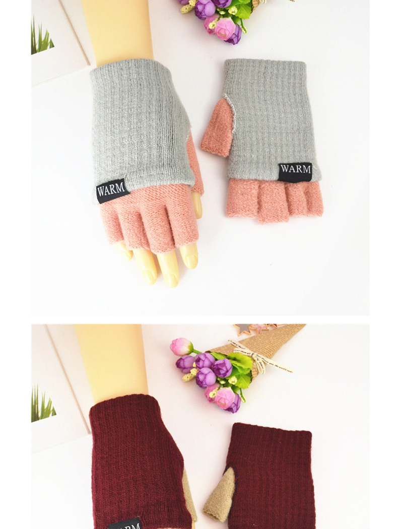 Fashion Wine Red + Beige Knitted Wool Letter Double Color Matching Mitt,Fingerless Gloves