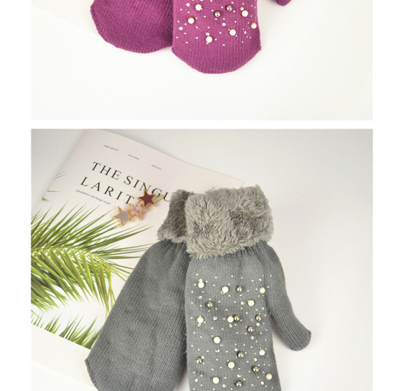 Fashion Light Grey Plush Knit Point Diamond Mittens,Full Finger Gloves