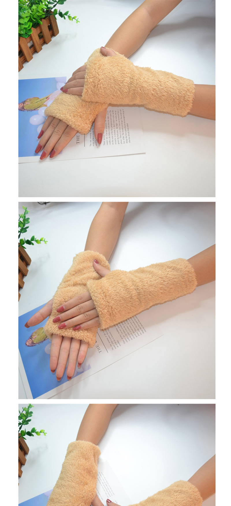 Fashion Khaki Half Finger Plush Gloves,Fingerless Gloves