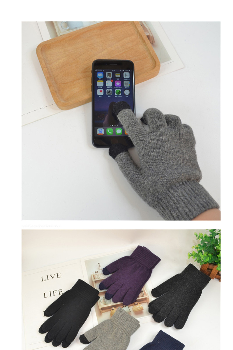 Fashion Dark Gray Wool Touch Screen Plus Velvet Finger Gloves,Full Finger Gloves