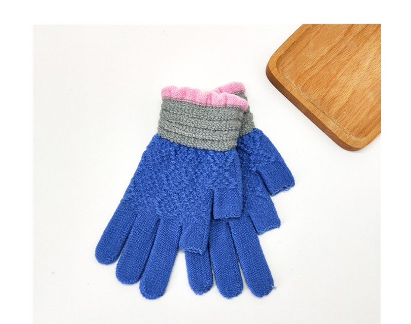 Fashion Blue Contrast Lace Points With Knitted Wool And Velvet Gloves,Full Finger Gloves