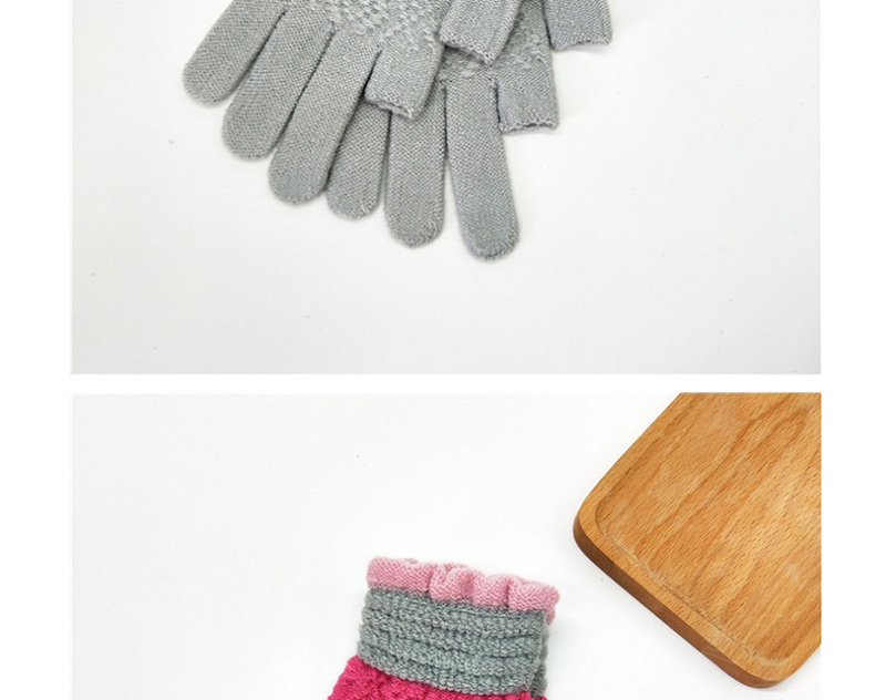 Fashion Gray Contrast Lace Points With Knitted Wool And Velvet Gloves,Full Finger Gloves