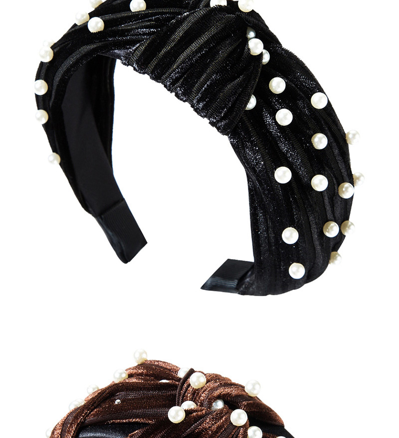 Fashion Black Horizontal Striped Gold Velvet Wide-brimmed Knotted Pearl Headband,Head Band