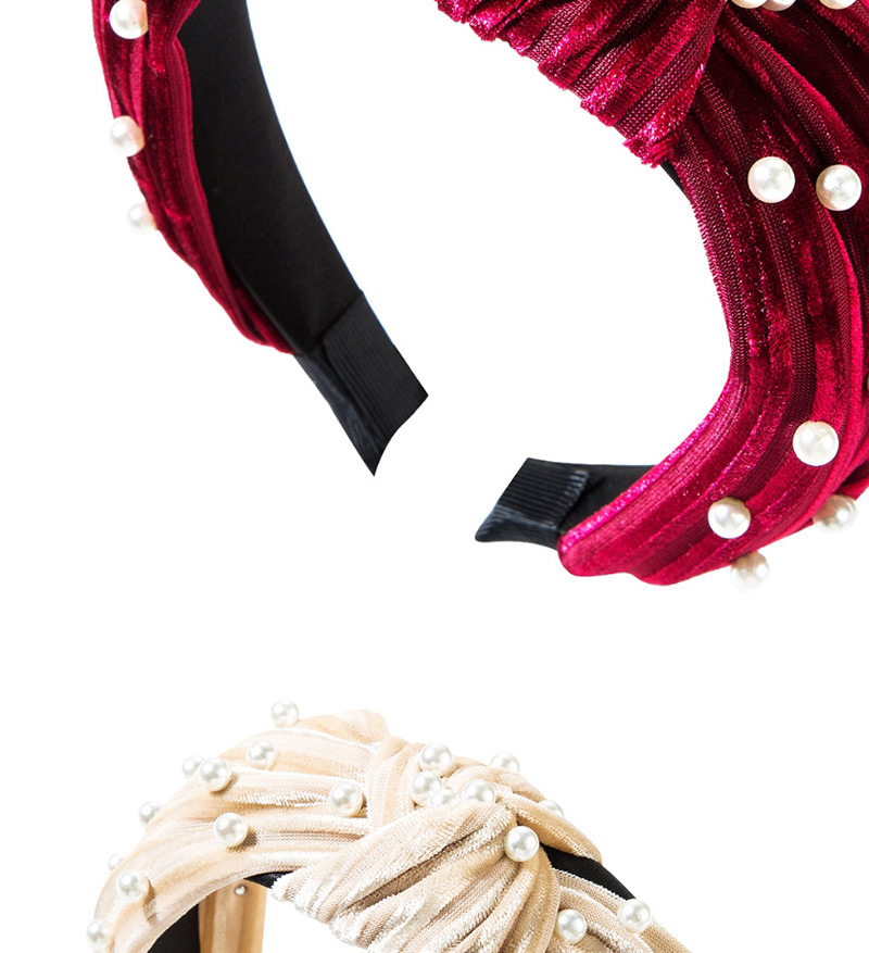 Fashion Rose Red Horizontal Striped Gold Velvet Wide-brimmed Knotted Pearl Headband,Head Band