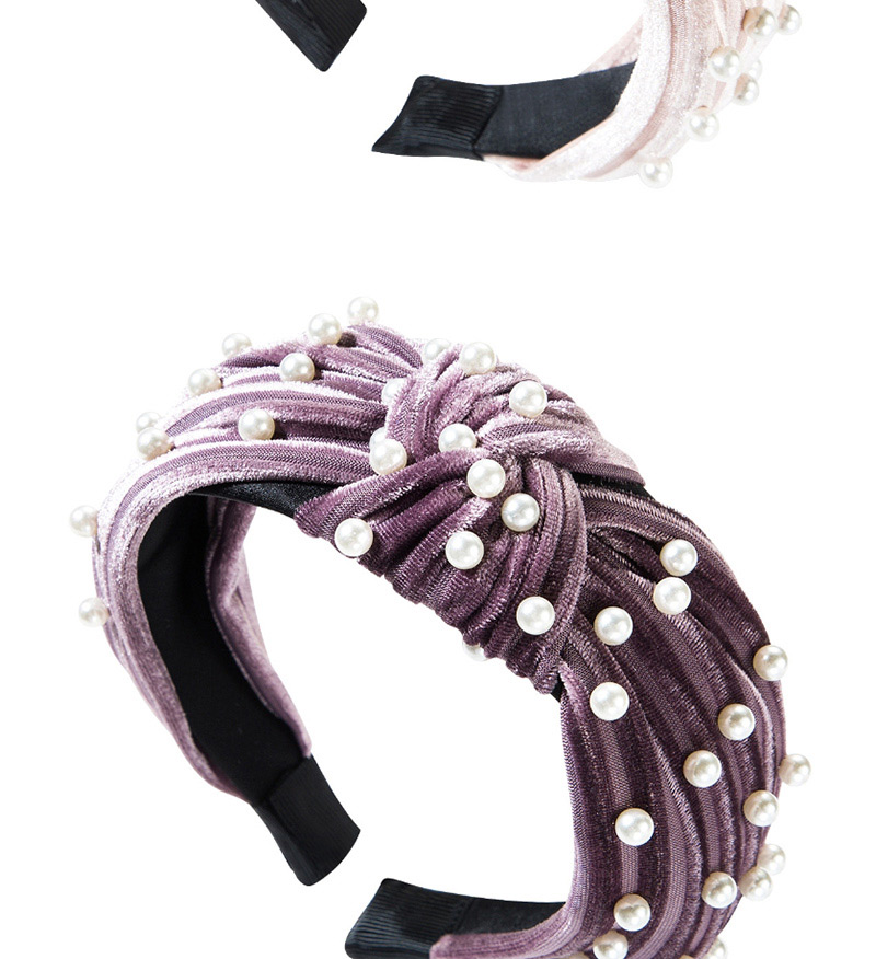 Fashion Purple Horizontal Striped Gold Velvet Wide-brimmed Knotted Pearl Headband,Head Band