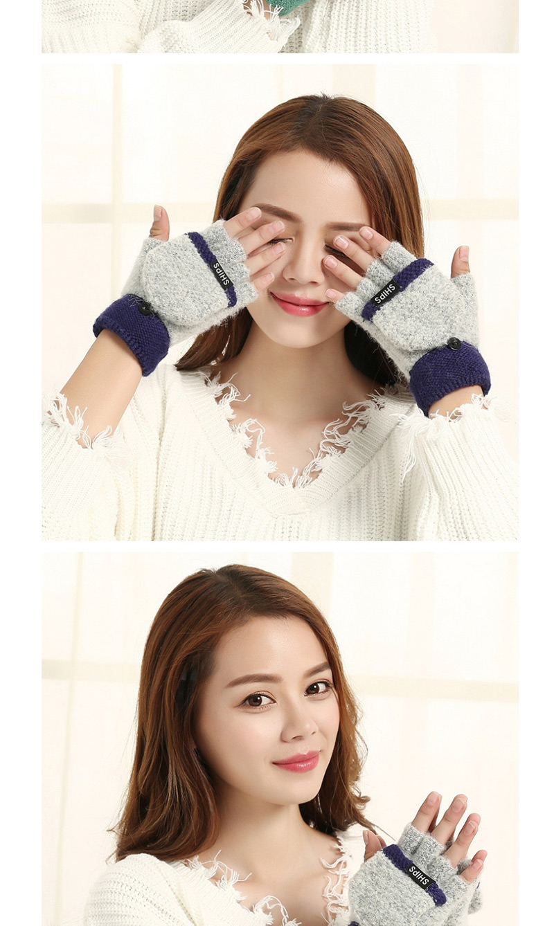 Fashion Gray-blue Flip Half Finger Knit Letter Gloves,Fingerless Gloves
