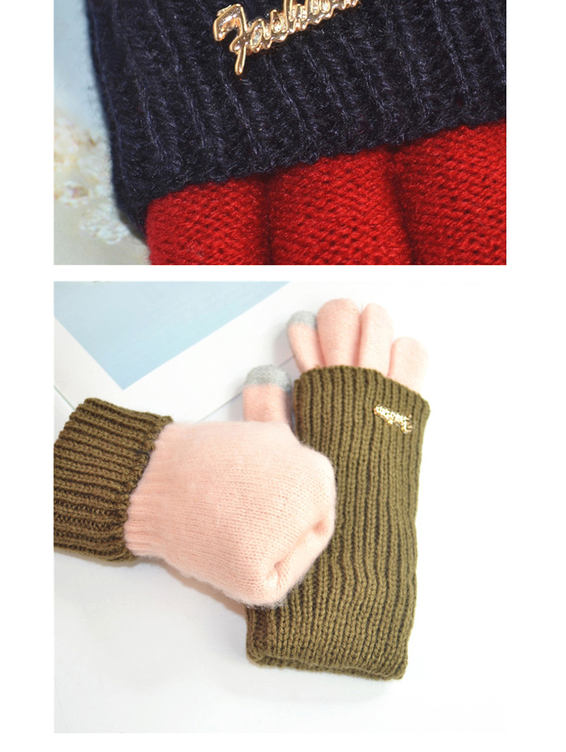 Fashion Pink + Khaki Touch Screen Knit Wool Brushed Fake Two-piece Gloves,Full Finger Gloves