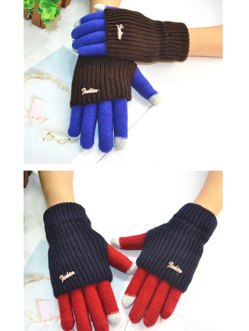 Fashion Light Blue + Pink Touch Screen Knit Wool Brushed Fake Two-piece Gloves,Full Finger Gloves