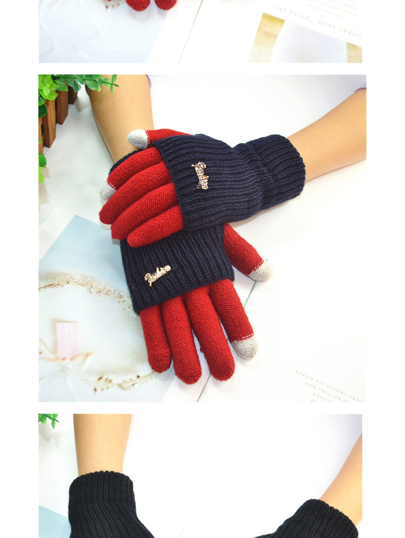 Fashion Sky Blue + Gray Touch Screen Knit Wool Brushed Fake Two-piece Gloves,Full Finger Gloves