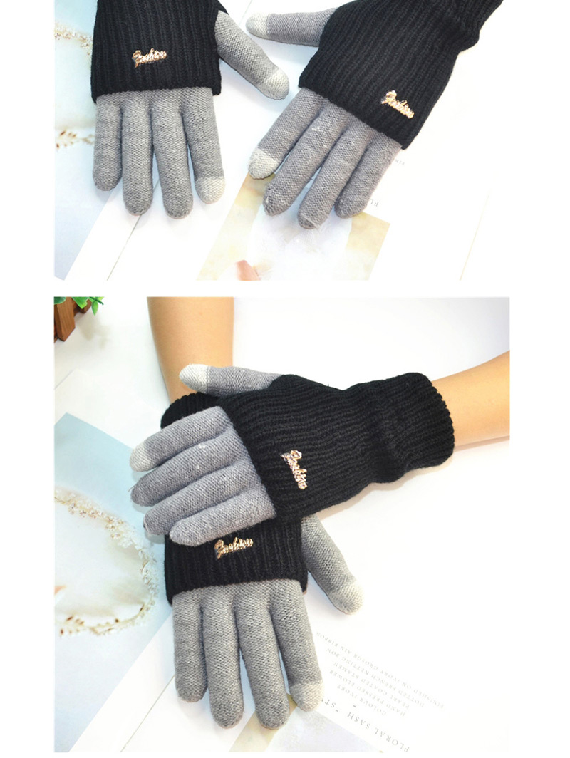 Fashion Gray + Black Touch Screen Knit Wool Brushed Fake Two-piece Gloves,Full Finger Gloves