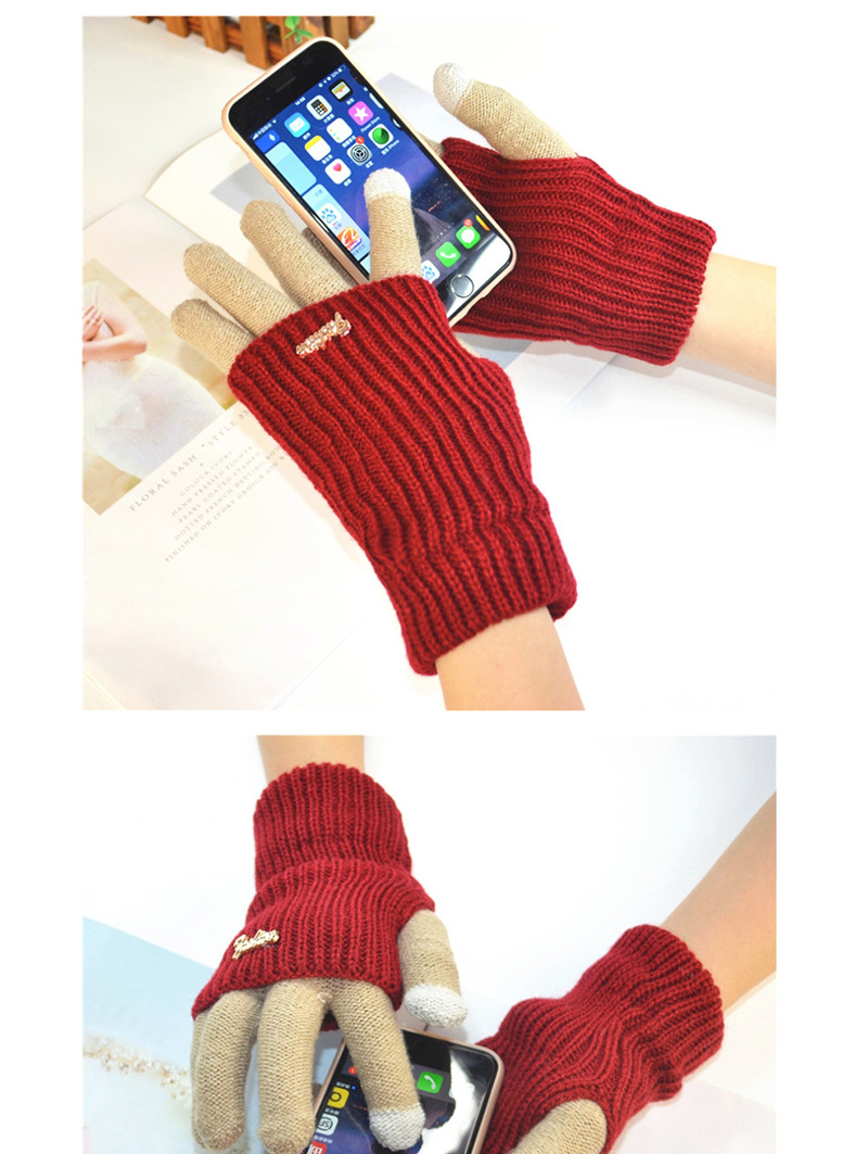 Fashion Khaki + Red Touch Screen Knit Wool Brushed Fake Two-piece Gloves,Full Finger Gloves