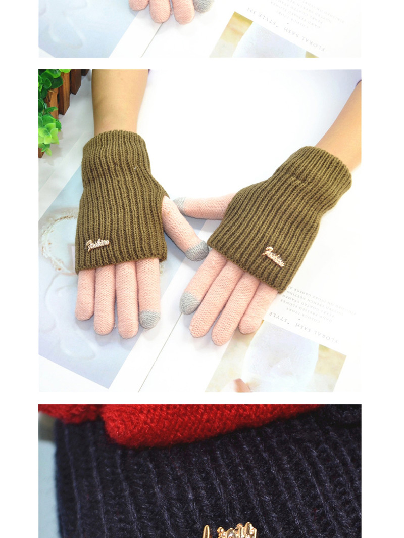 Fashion Khaki + Red Touch Screen Knit Wool Brushed Fake Two-piece Gloves,Full Finger Gloves
