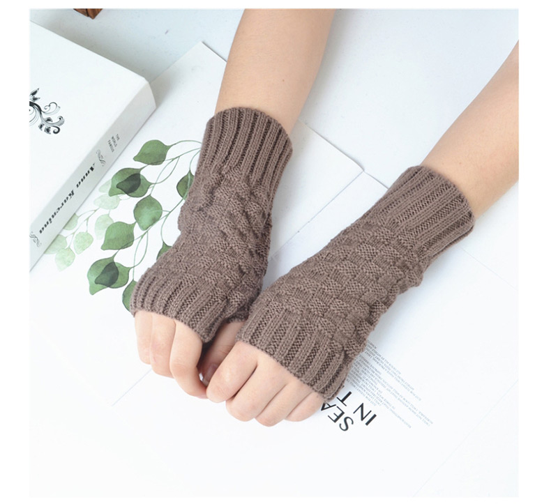 Fashion Khaki Small Square Wool Knitted Half Finger Gloves,Fingerless Gloves