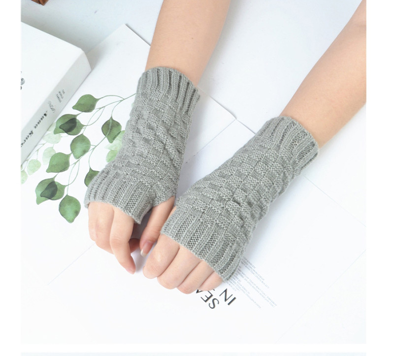 Fashion Khaki Small Square Wool Knitted Half Finger Gloves,Fingerless Gloves