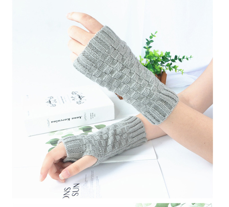 Fashion Light Grey Small Square Wool Knitted Half Finger Gloves,Fingerless Gloves