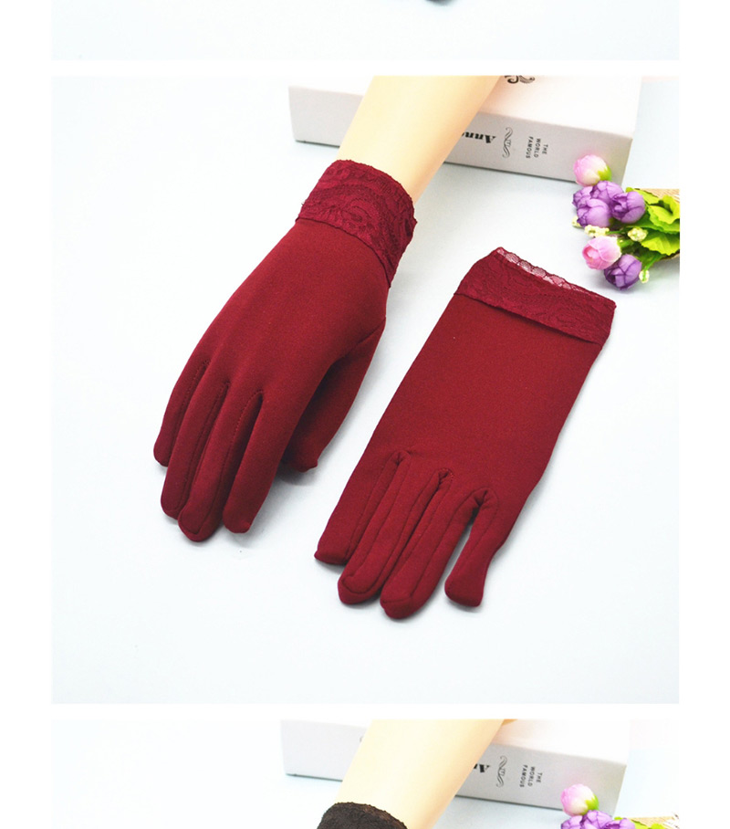 Fashion Red Wine Wide-brimmed Lace-brushed Five-finger Gloves,Full Finger Gloves