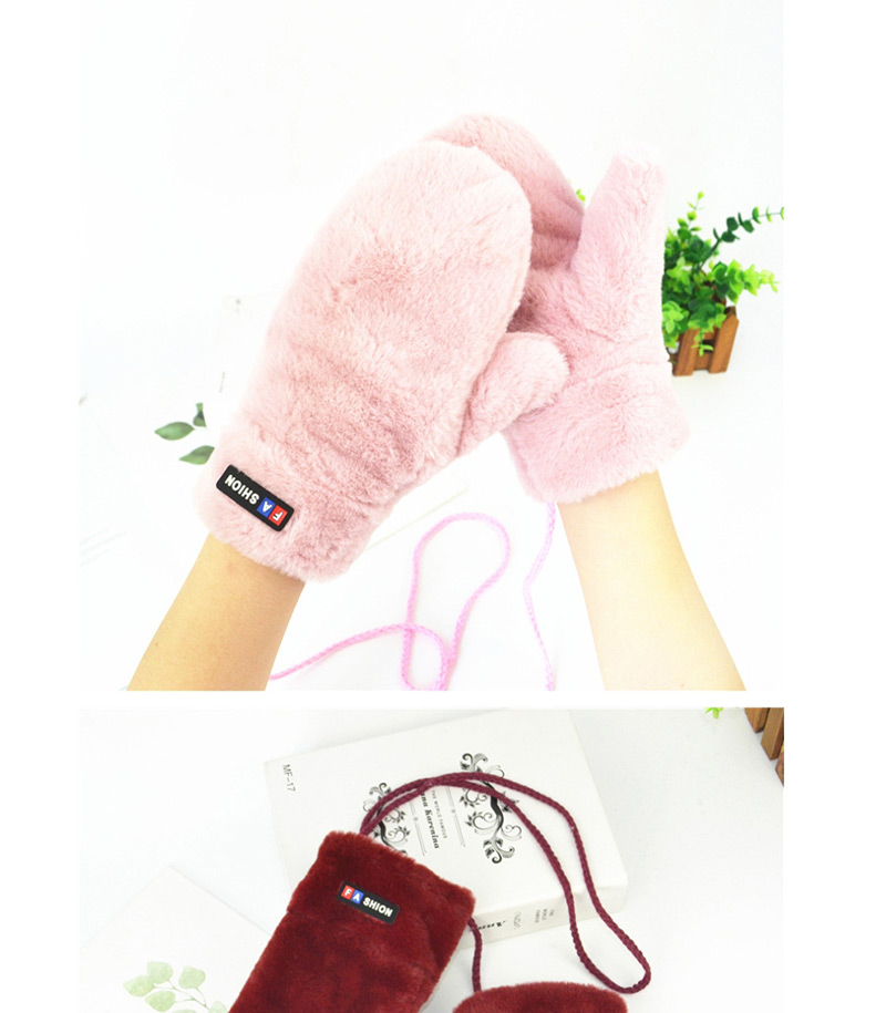 Fashion Light Pink Halter Plush Badge Mittens,Full Finger Gloves