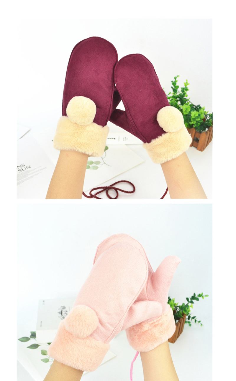 Fashion Pink Halter Fur Ball Deerskin Mittens,Full Finger Gloves