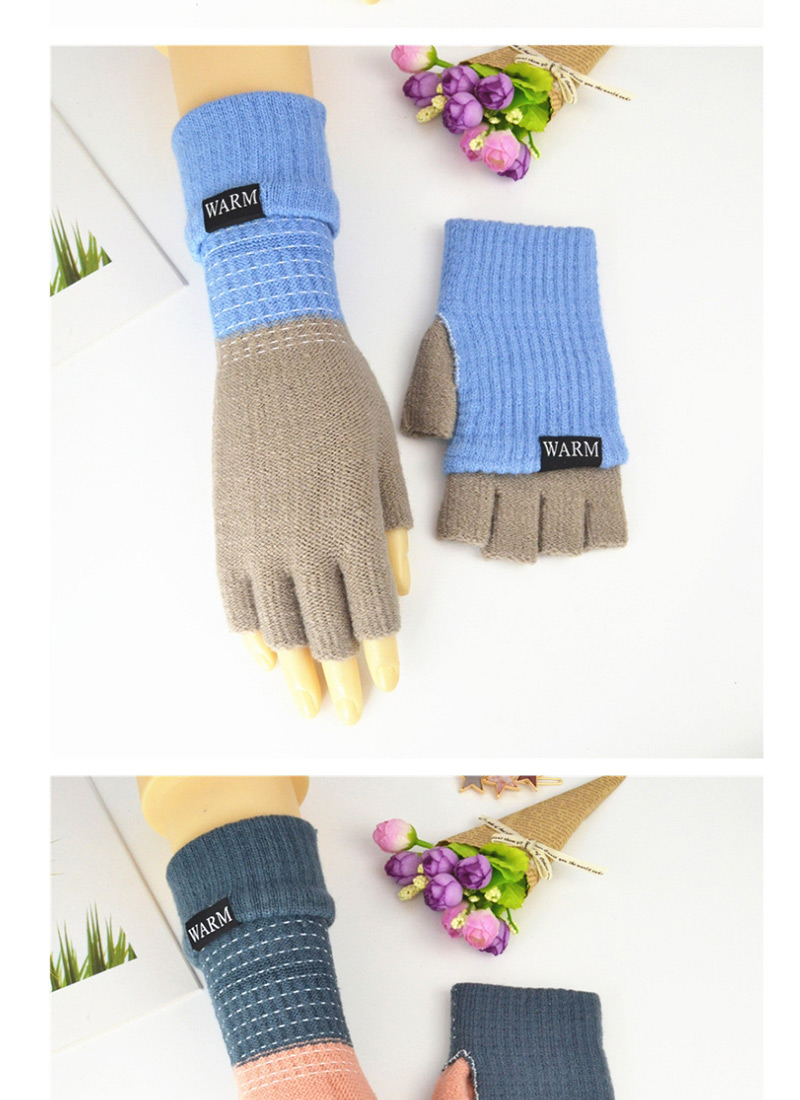 Fashion Light Blue Ash Double-layer Two-knit Knitted Gloves,Full Finger Gloves