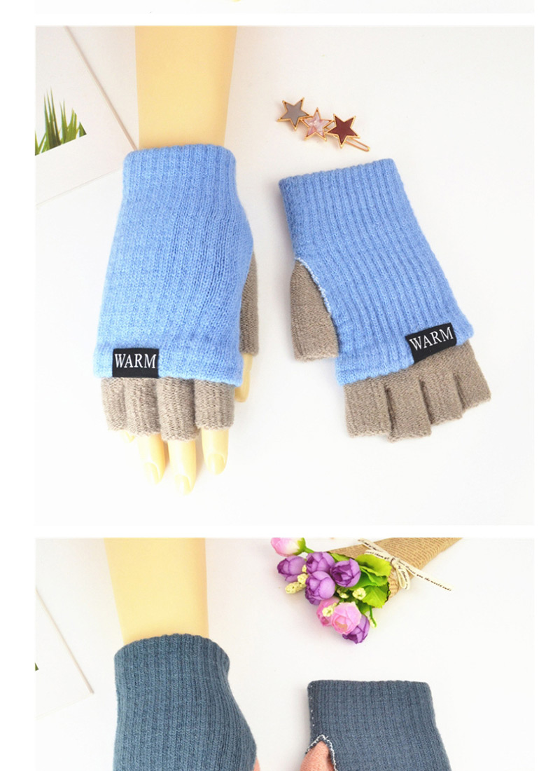 Fashion Dark Blue Powder Double-layer Two-knit Knitted Gloves,Full Finger Gloves
