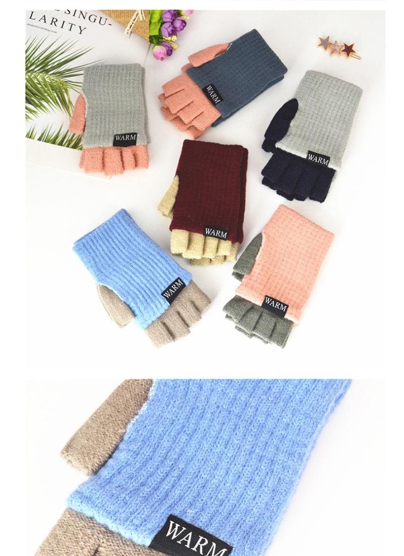 Fashion Light Gray Powder Double-layer Two-knit Knitted Gloves,Full Finger Gloves