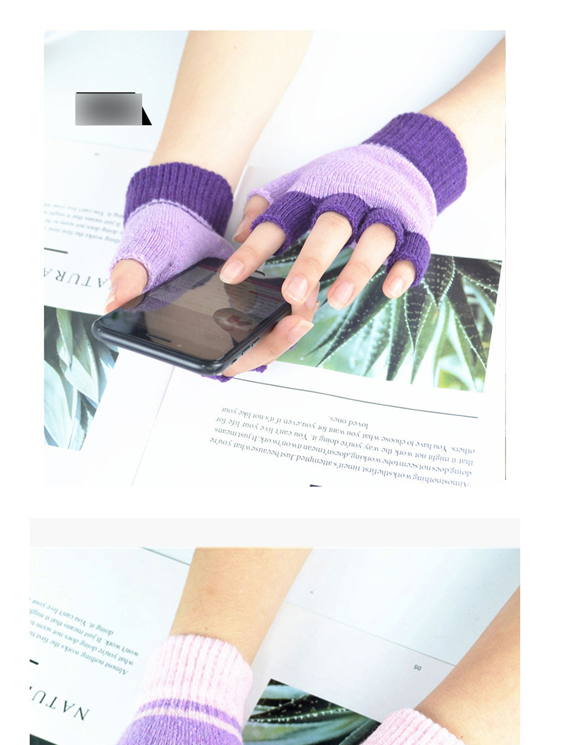 Fashion Gray Wool-blend Colorblock Half Finger Gloves,Fingerless Gloves