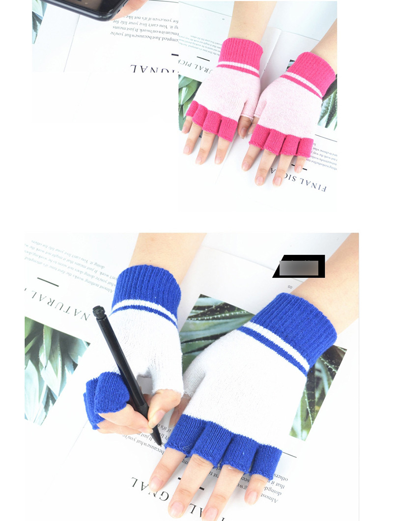 Fashion Blue Wool-blend Colorblock Half Finger Gloves,Fingerless Gloves